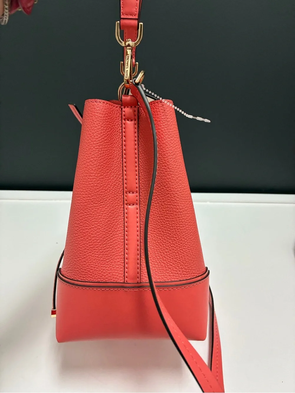 Michael Kors Coral-Red Pebbled Leather Drawstring Bucket Shoulder Bag